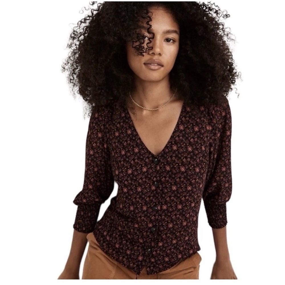 Madewell Georgette Smocked Cuff Button Front In Orchid Floral Blouse Size 2